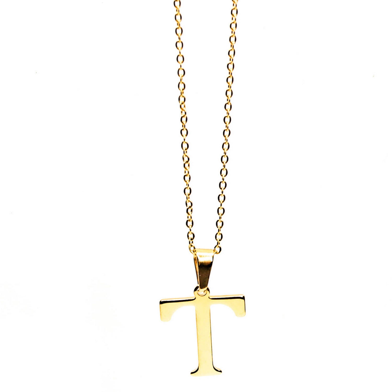 Colgante de acero inoxidable dorado con forma de letra T de 28mm