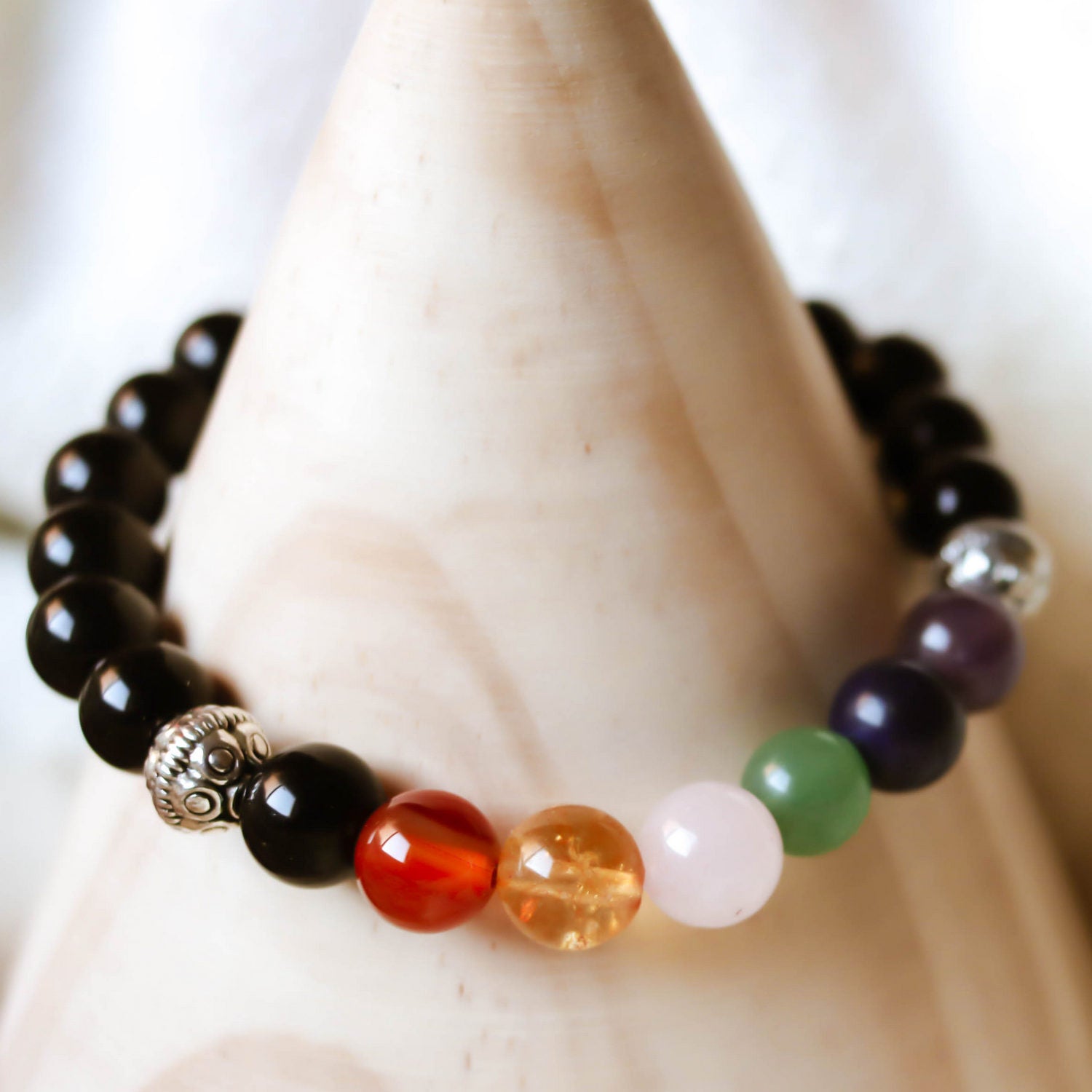 Pulsera de piedra de Ónix y 7 chakras de 8mm con flor