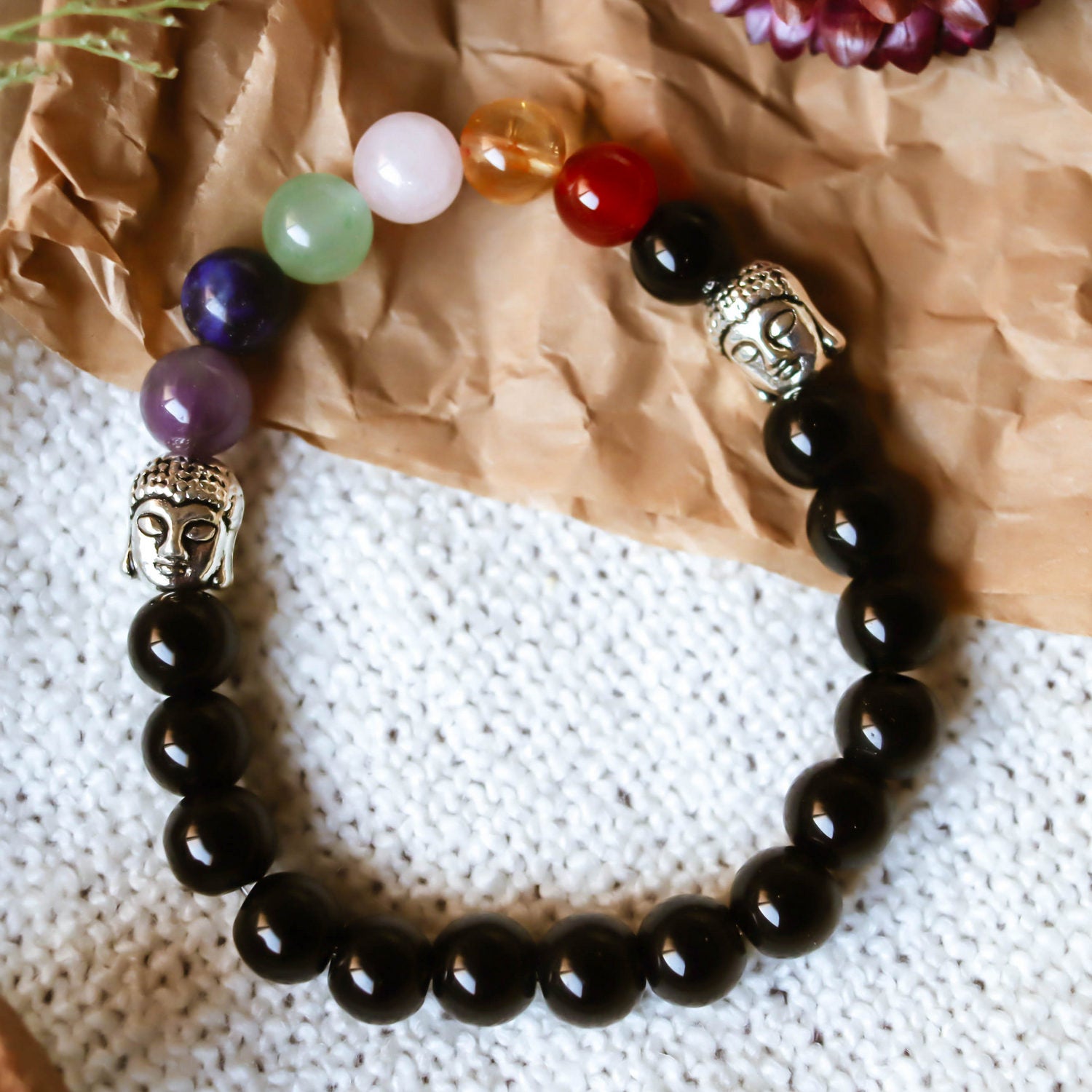 Pulsera de piedra de Ónix y 7 chakras de 8mm con Buda