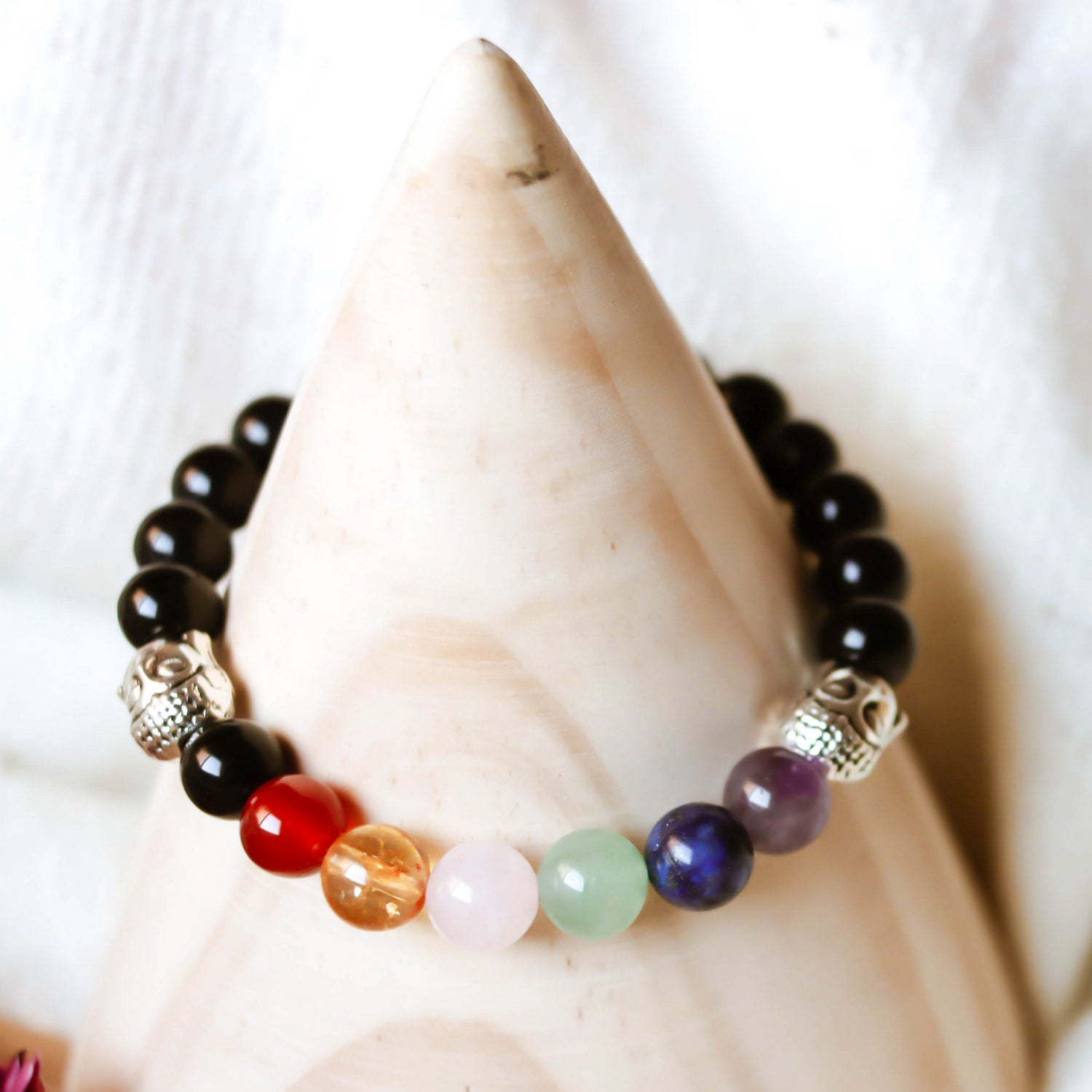 Pulsera de piedra de Ónix y 7 chakras de 8mm con Buda