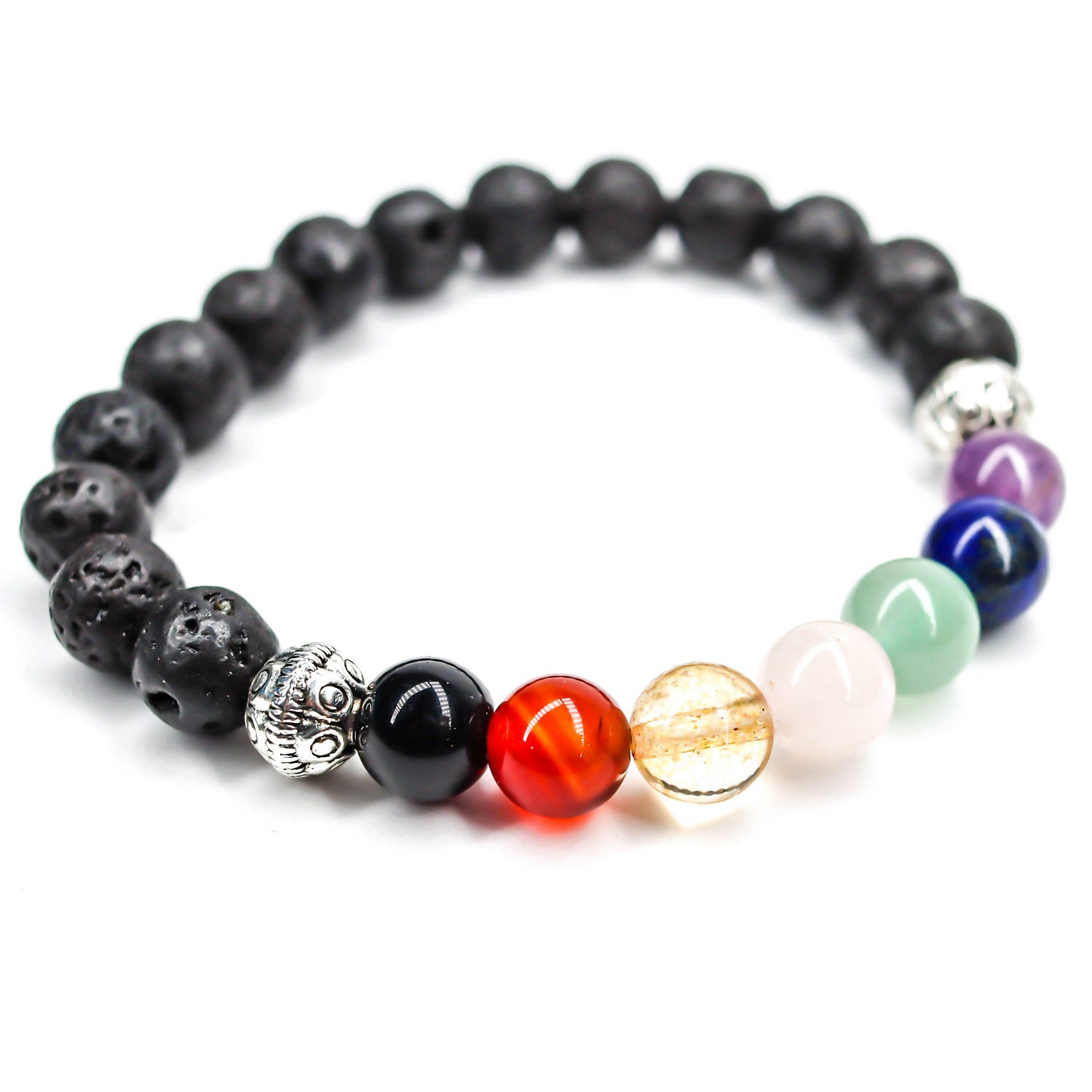 Pulsera de piedra de Lava y 7 chakras de 8mm con flor