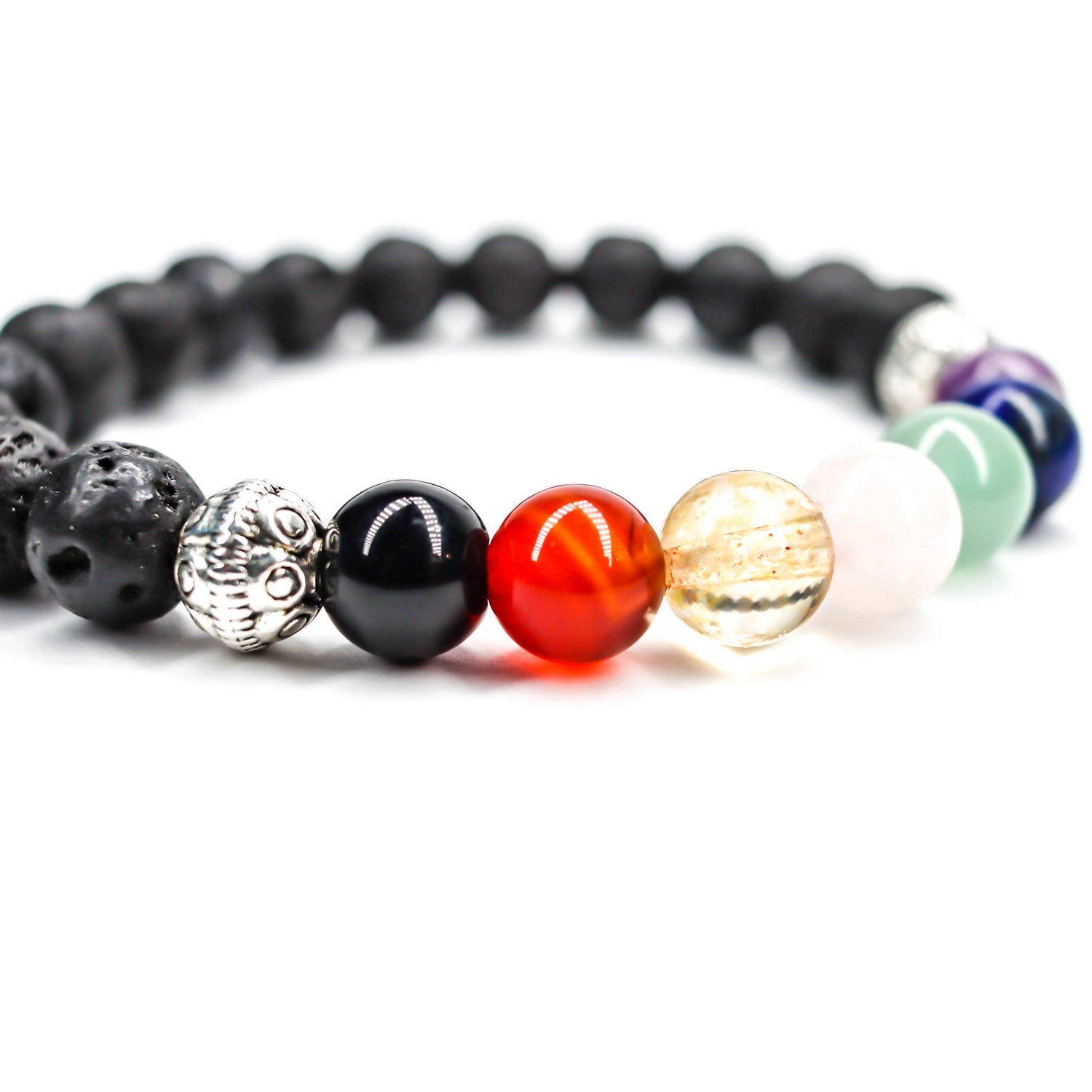 Pulsera de piedra de Lava y 7 chakras de 8mm con flor