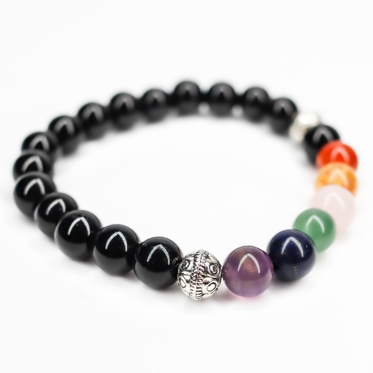 Pulsera de piedra de Ónix y 7 chakras de 8mm con flor
