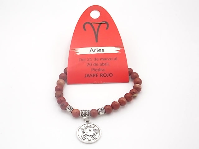 Pulsera de piedra natural de Jaspe rojo de 6mm con medalla del Signo Aries
